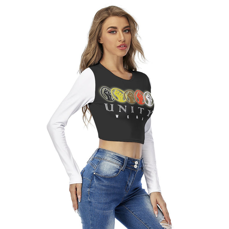 Unity Wear Women's Black Round Neck Crop Top with White Sleeves T-Shirt