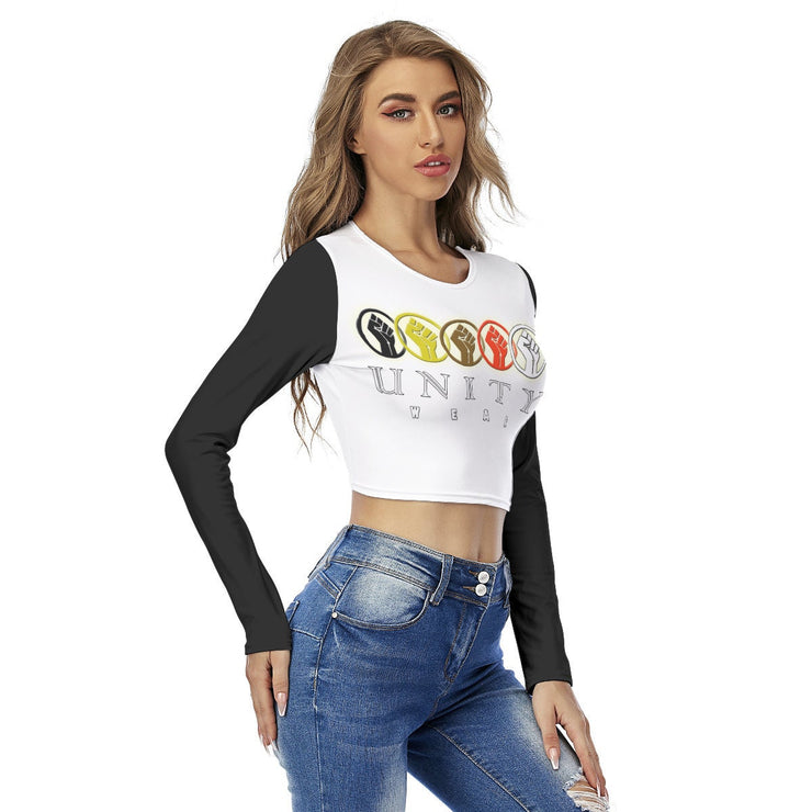 Unity Wear Women's White Round Neck Crop with Black Sleeves Top T-Shirt