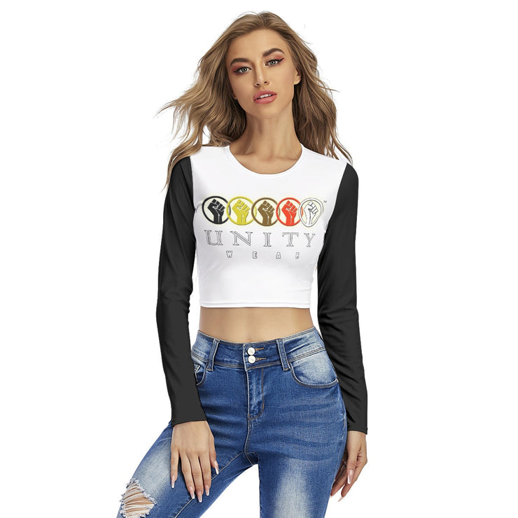 Unity Wear Women's White Round Neck Crop with Black Sleeves Top T-Shirt