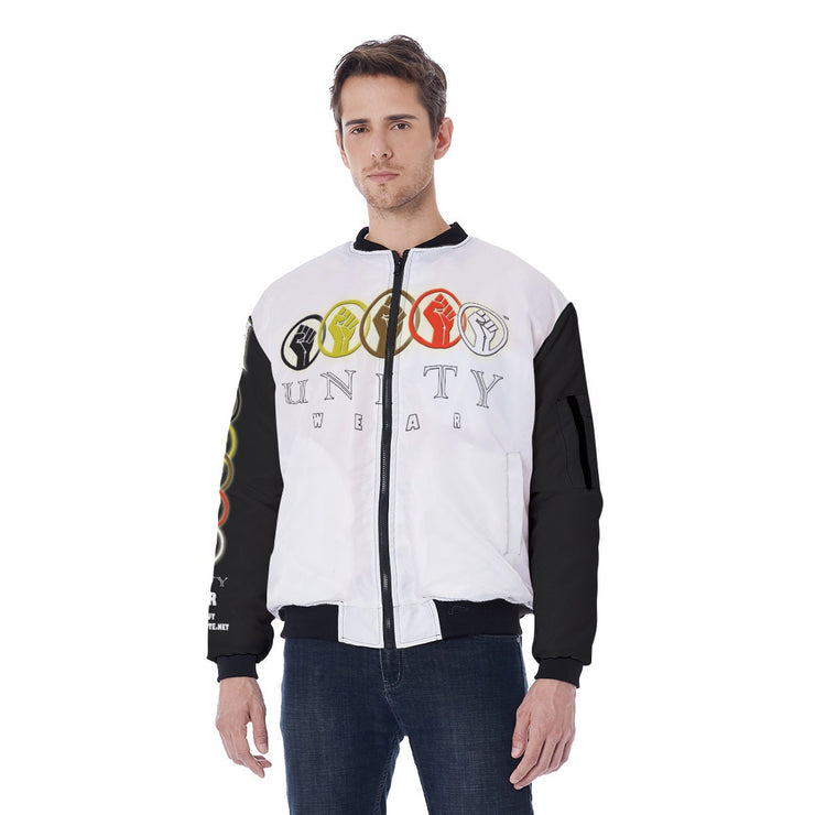 Unity Wear Print Men's White Bomber Jacket with Black Sleeves