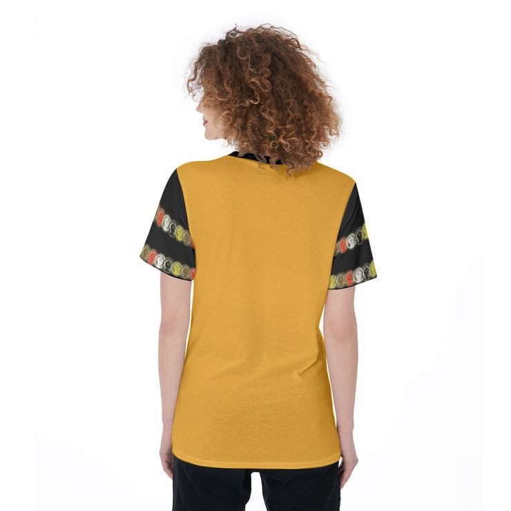 Unity Wear Subtle Women's Gold O-Neck T-Shirt with Black Sleeves and Collar