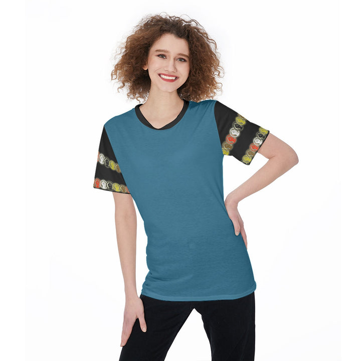 Unity Wear Subtle Women's Kimmie Blue O-Neck T-Shirt with Black Sleeves and Collar