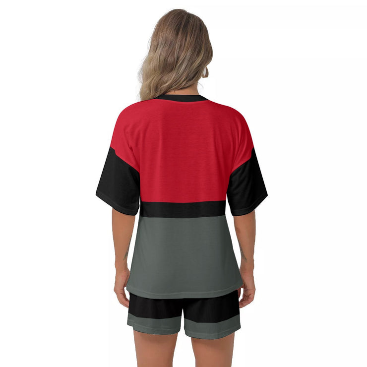 Unity Wear All-Over Print Women's Off-Shoulder Red, Black and Grey T-shirt Shorts Suit