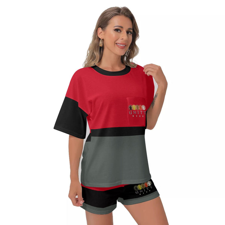 Unity Wear All-Over Print Women's Off-Shoulder Red, Black and Grey T-shirt Shorts Suit