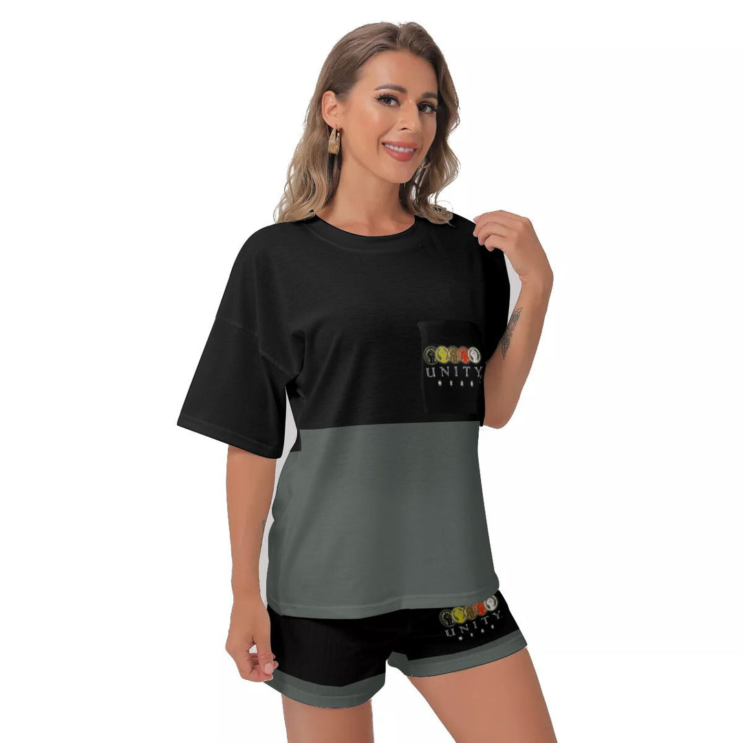 Unity Wear All-Over Print Women's Off-Shoulder Black and Grey T-shirt 