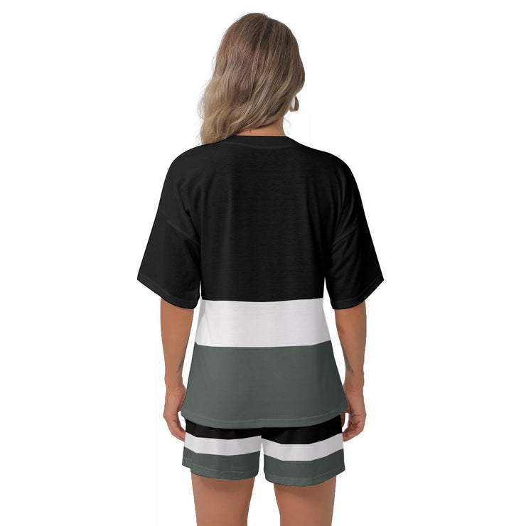 Unity Wear All-Over Print Women's Off-Shoulder Black, White and Grey T-shirt Shorts Suit