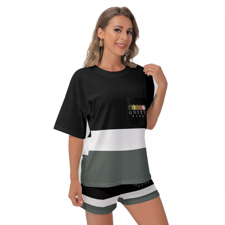 Unity Wear All-Over Print Women's Off-Shoulder Black, White and Grey T-shirt Shorts Suit