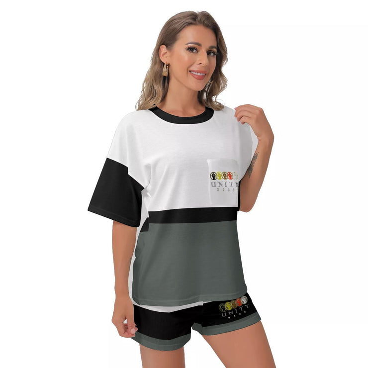 Unity Wear All-Over Print Women's Off-Shoulder White, Grey and Black T-shirt Shorts Suit