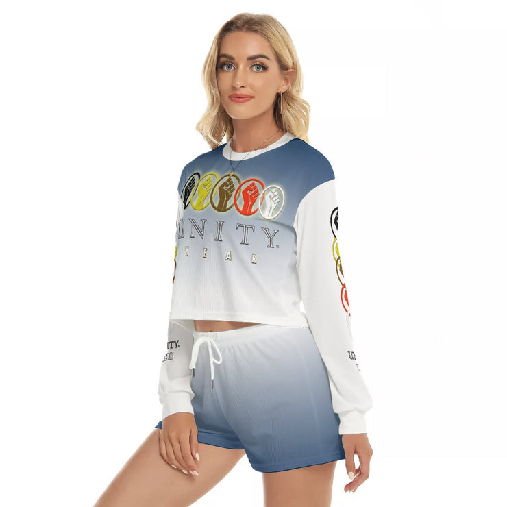 Unity Wear Blue and White Women's Gradation Short Sweater and Short Pants Outfit