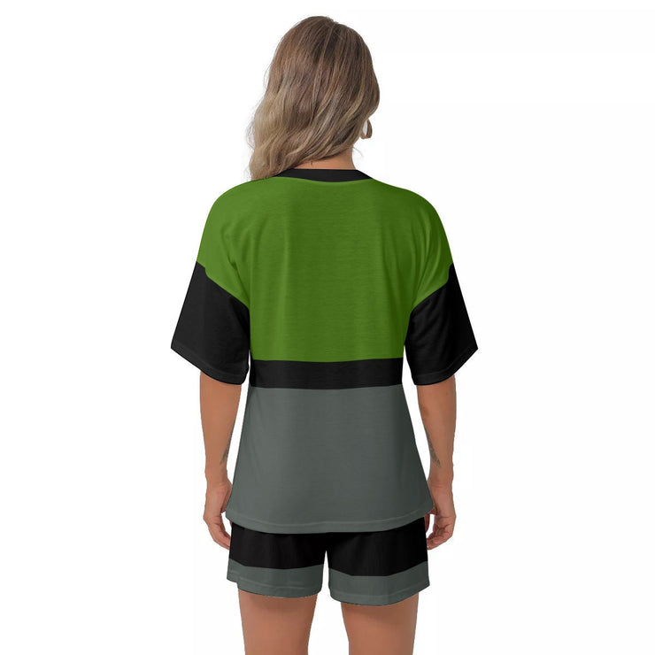 Unity Wear All-Over Print Women's Off-Shoulder Green T-shirt Shorts Suit