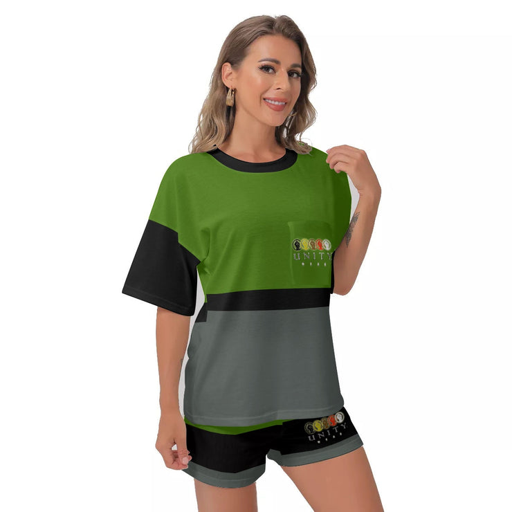 Unity Wear All-Over Print Women's Off-Shoulder Green T-shirt Shorts Suit
