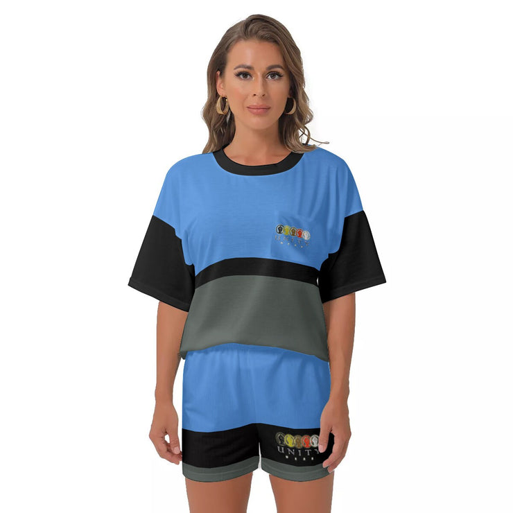 Unity Wear All-Over Print Women's Off-Shoulder Sky-Blue T-shirt Shorts Suit