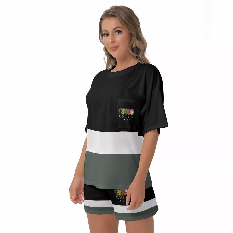 Unity Wear All-Over Print Women's Off-Shoulder Black, White and Grey T-shirt Shorts Suit
