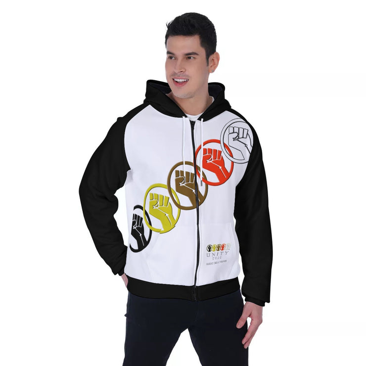 Unity Wear White  with Black Sleeve Fleece Zip-Up Hoodie with Pockets