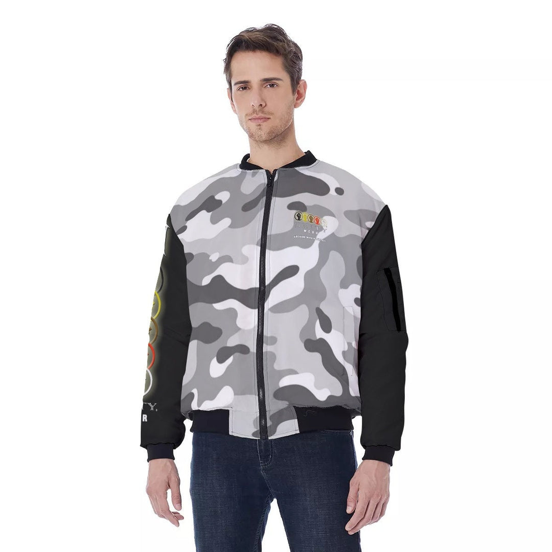 Unity Wear Grey and White Camouflage with Black Sleeves Men's Bomber Jacket