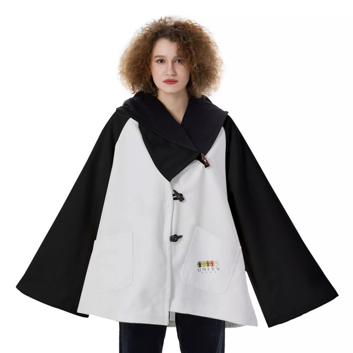 Unity Wear Women's White with Black Sleeves and Black Hooded Flared Coat