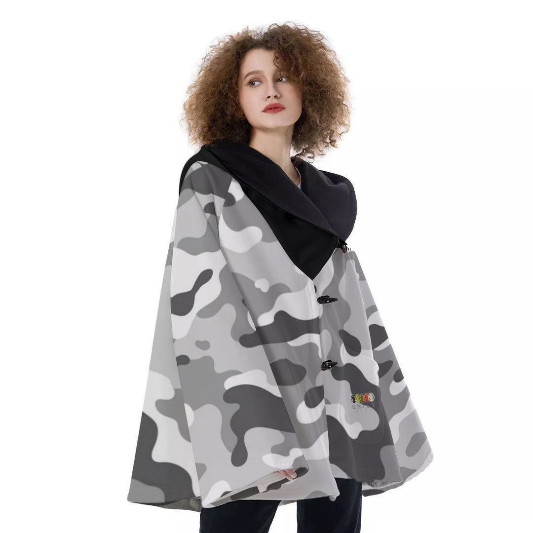 Unity Wear Women's Gey and White Camouflage Sleeves with Black Hooded Flared Coat
