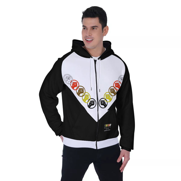 Unity Wear Black and White Men's Heavy Fleece Raglan Zip Up Hoodie With Pocket