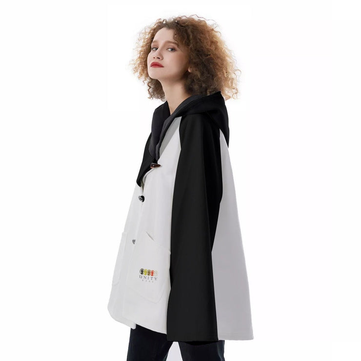 Unity Wear Women's White with Black Sleeves and Black Hooded Flared Coat