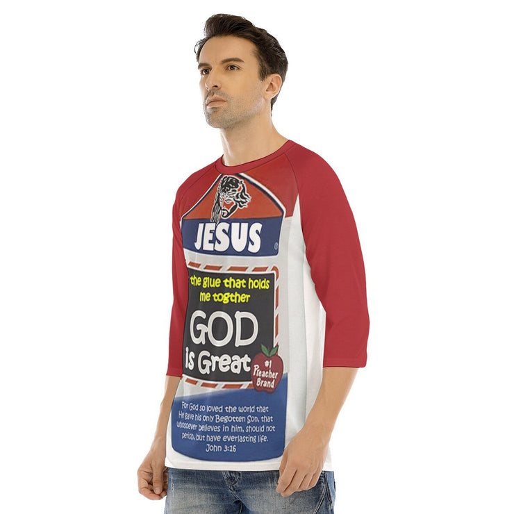 Jesus is the Glue Red Men's O-neck 3/4 Raglan Sleeve T-shirt